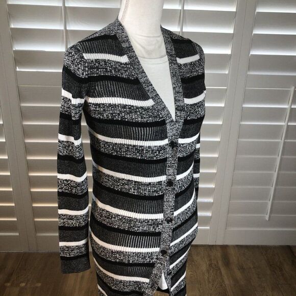 Tommy Hilfiger Long Black And White Sweater Cardigan XS Ribbed Stretch Button - Picture 8 of 12